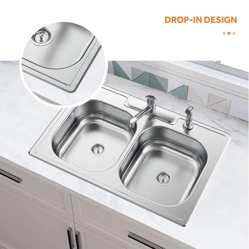 33 in. Drop-In 50/50 Double Bowl 22 Gauge Stainless Steel Kitchen Sink - Hercitys