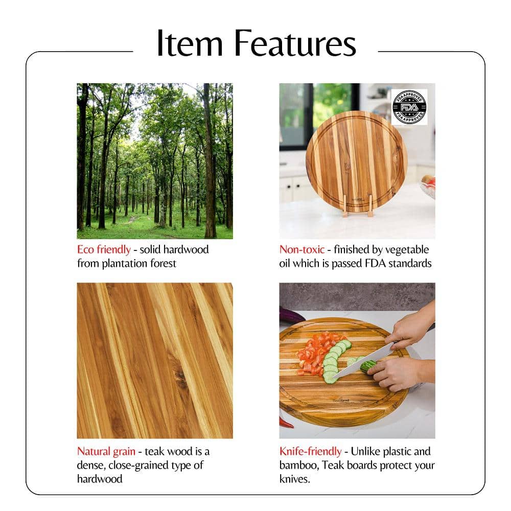 15.8 in. x 15.8 in. Round Teak Wood Reversible Chopping Serving Board Cutting Board with Juice Groove - Hercitys