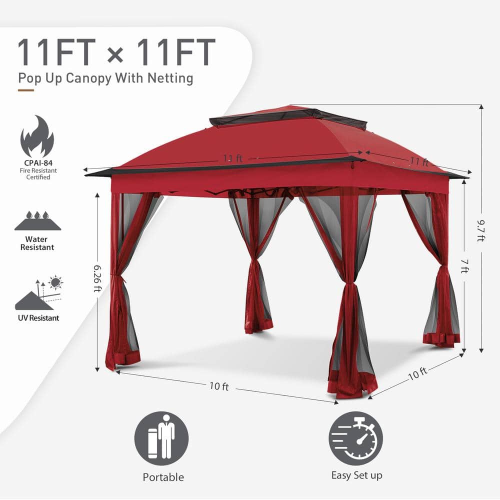 11 ft. x 11 ft. Red Steel Pop-Up Gazebo with Mosquito Netting - Hercitys