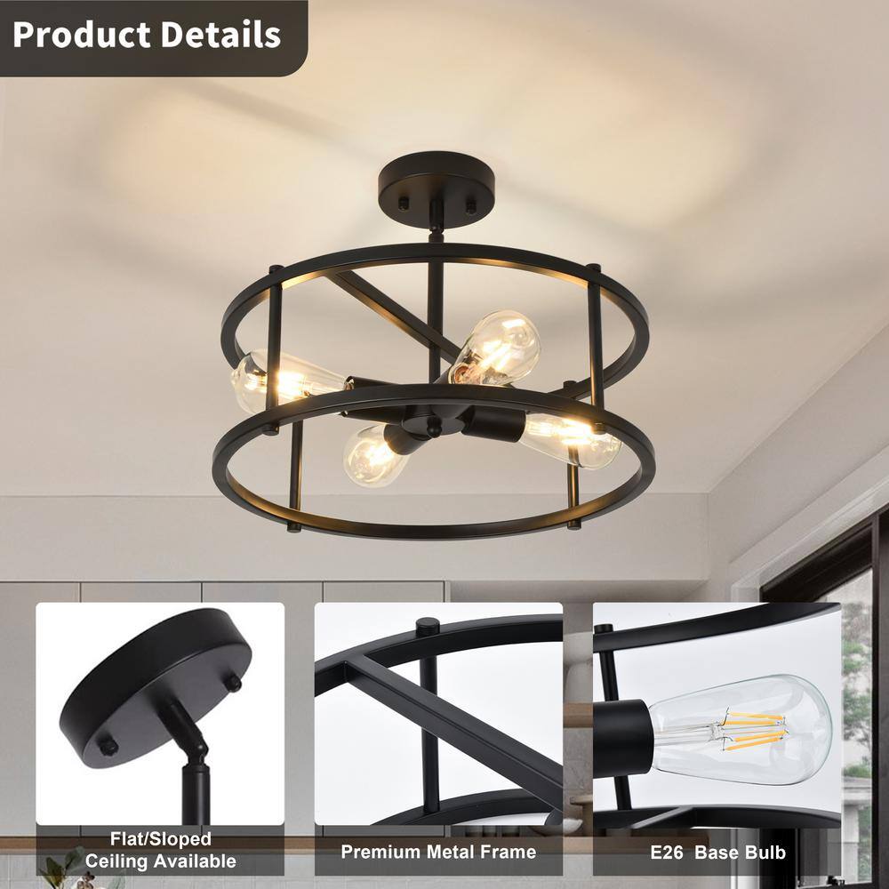 16.54 in. 4-Lights Farmhouse Matte Black Round Cage Industrial Semi-Flush Mount Ceiling Light - Hercitys