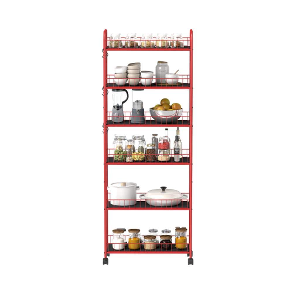 10 in. W 6-Shelf Red Metal Kitchen Car with Wheels - Hercitys