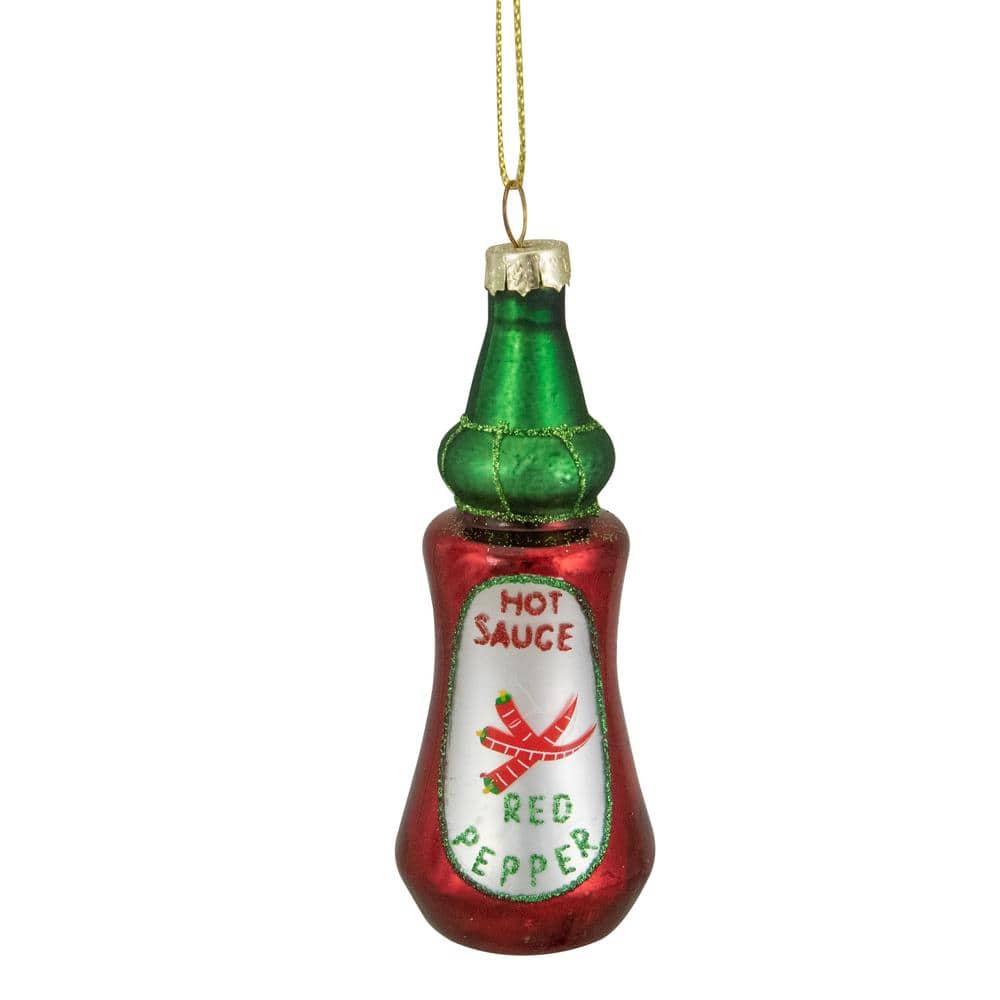 4 in. Red and Green Glass Bottle of Hot Sauce Christmas Ornament - Hercitys