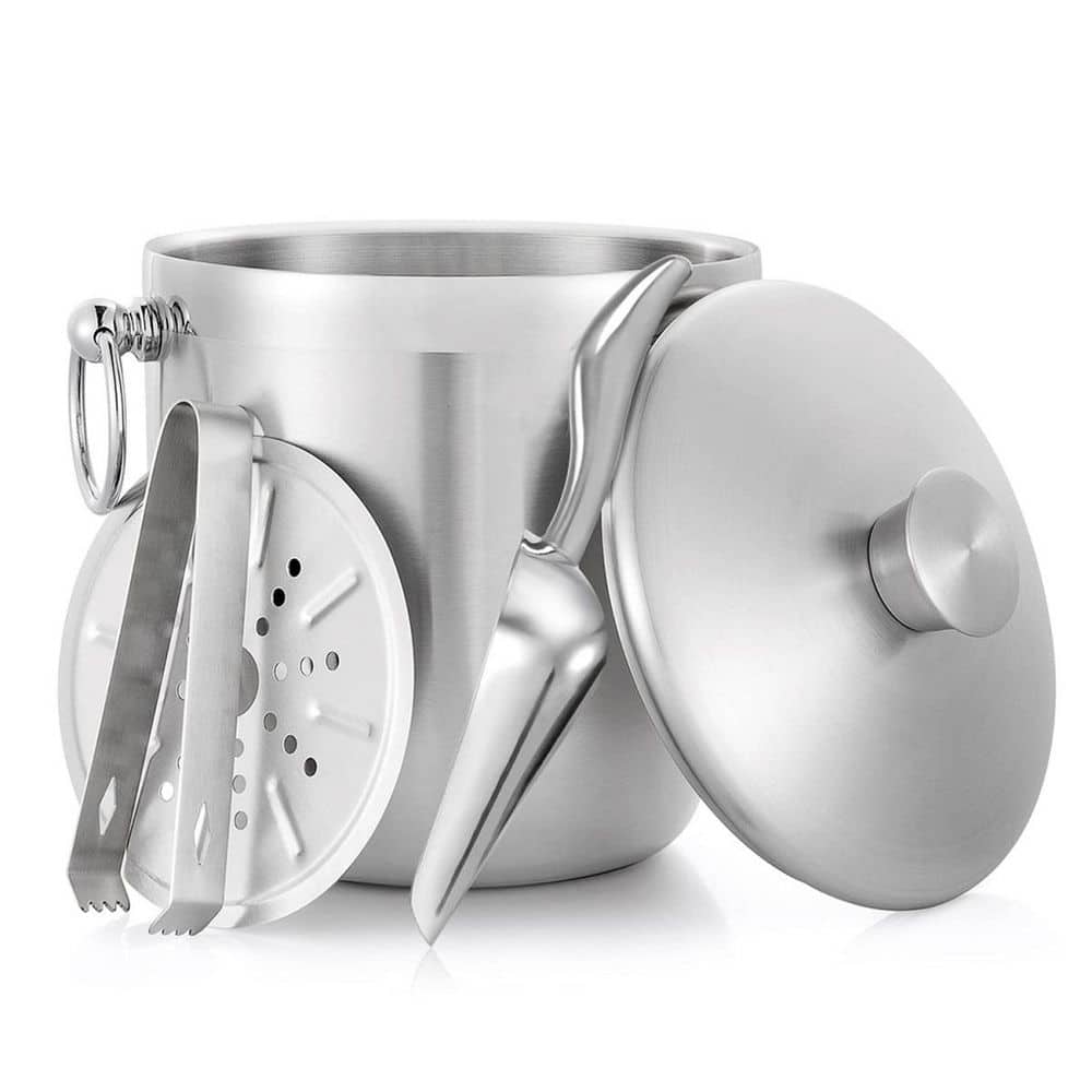 3.17 qt. Stainless Steel Insulated Ice Bucket with Lid, Scoop, Tongs and Strainer for Parties - Hercitys
