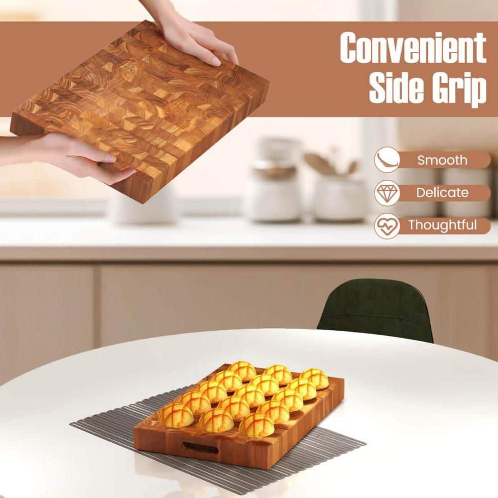 18 in. x 12 in. Rectangular Teak Wood End Grain Cutting Board Chopping Block with Hand Grip - Hercitys