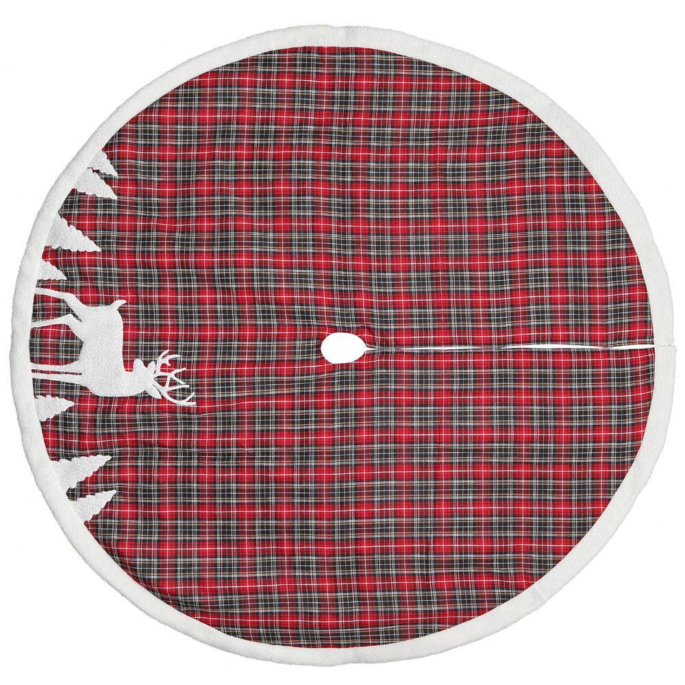 48 in. Red Plaid Tree Skirt Deer Applique - Hercitys