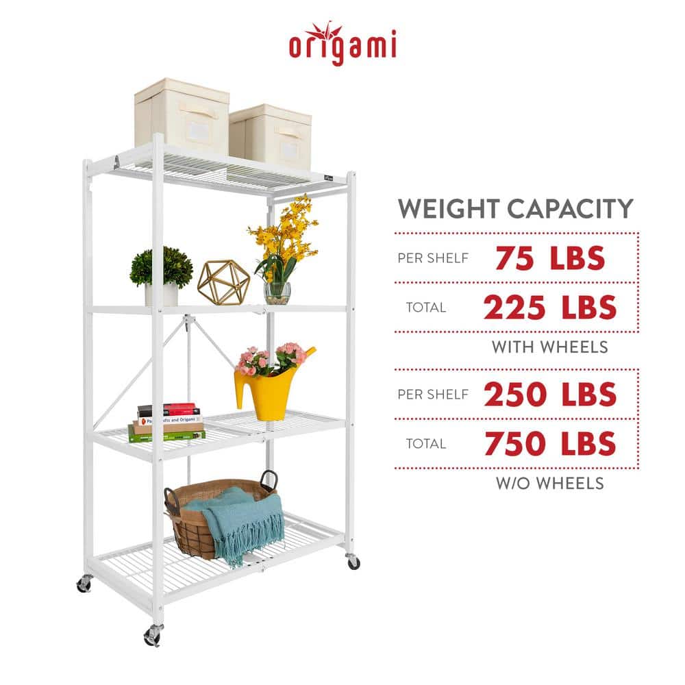 21 in. x 36 in. 60 in. Wheeled 4-Shelf Folding Steel Wire Shelving White - Hercitys