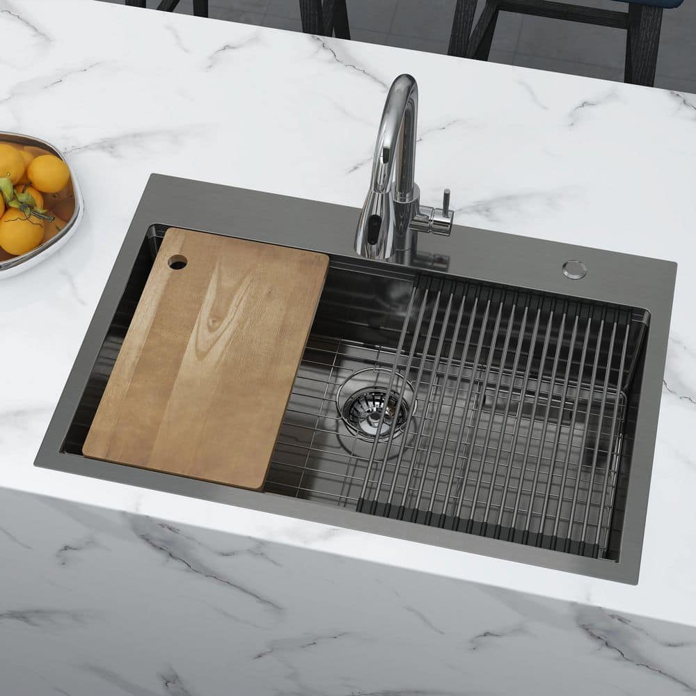33 in. Drop-In/Undermount Single Bowl 16 Gauge Gunmetal Black Stainless Steel Kitchen Sink with Bottom Grids - Hercitys