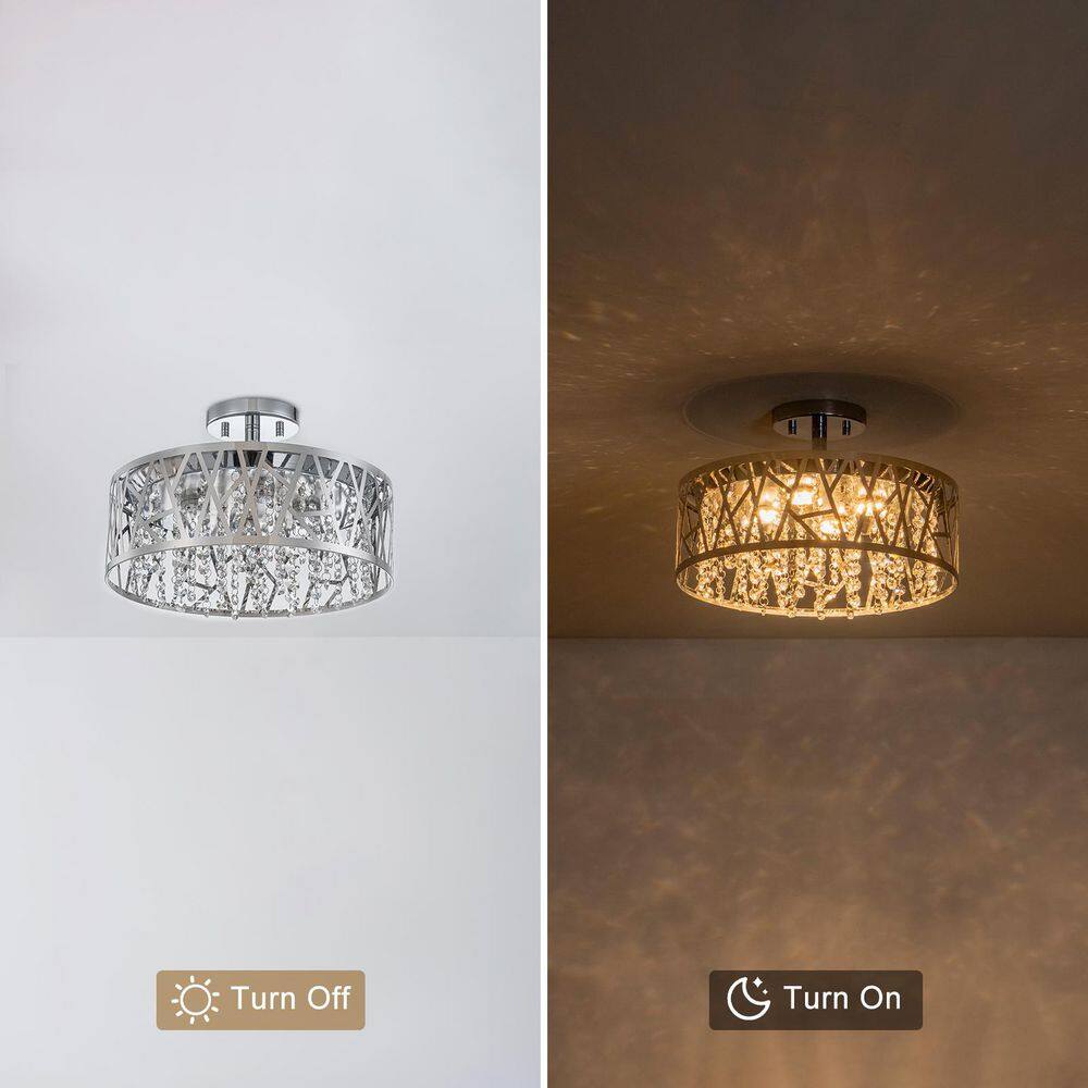 13.78 in. 1-Light Modern Chrome Round Dimmable LED Semi-Flush Mount Ceiling Light with Beaded Drum Crystal Shade - Hercitys