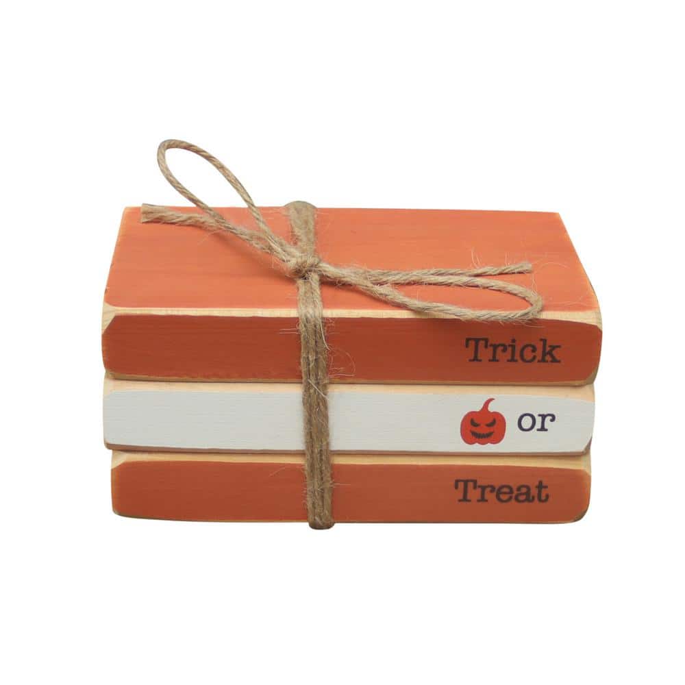 2.8 in. Orange and White Trick or Treat Halloween Decorative Faux Wood Books - Hercitys