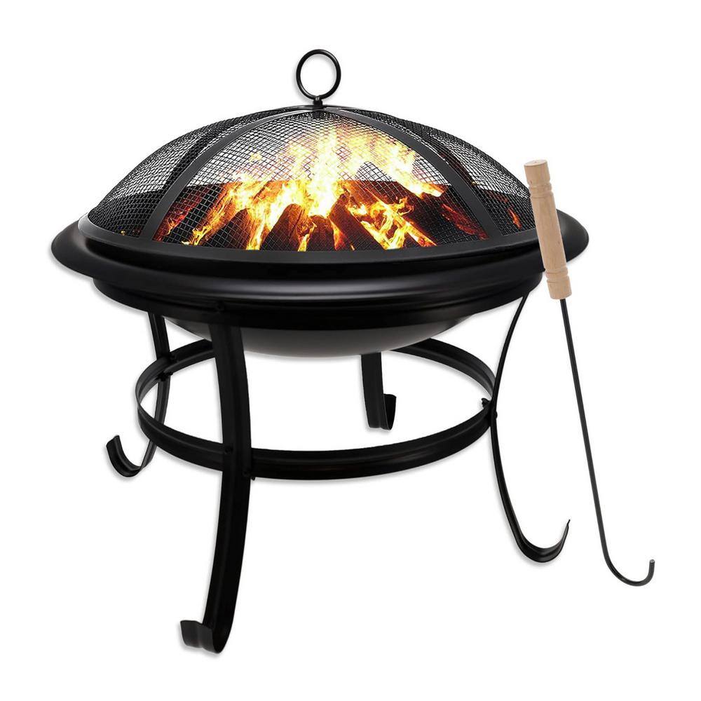 21.5 in. D x 21.5 in. W x 20 in. H Round Metal Wood Burning Fire Pit with Mesh Lid and Fire Picker - Hercitys
