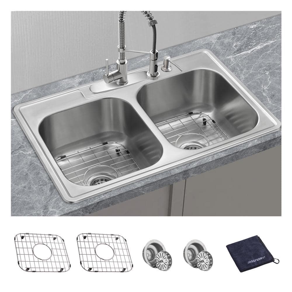 18-Gauge Stainless Steel 33 in. Double Bowl Drop-In Kitchen Sink with Bottom Grid - Hercitys