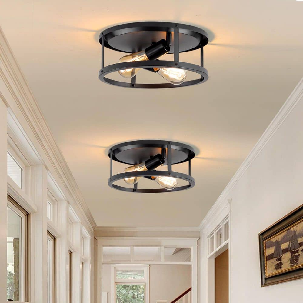 12.7 in. 2-lights Matte Black Flush Mount Ceiling Light Fixtures With Cage-style Straight Metal Frame (2-Pack) - Hercitys