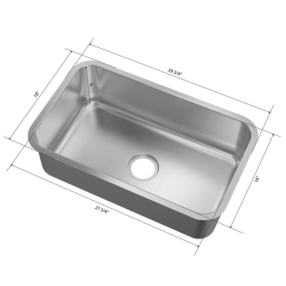 30 in. Undermount Single Bowl 16 Gauge Stainless Steel Kitchen Sink - Hercitys