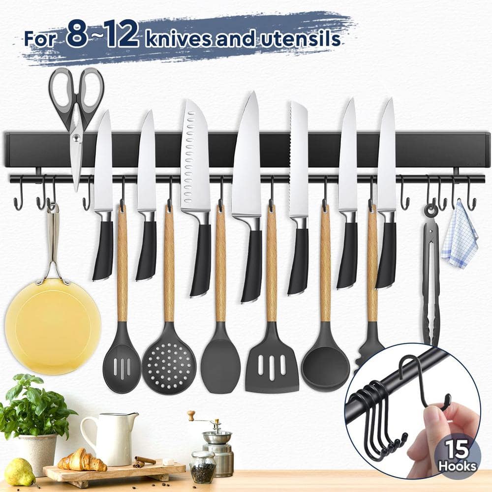 12-Knife 23 in. Stainless Steel Magnetic Knife Holder with 15 Hooks, Black Knife Magnetic Strip, Magnetic Knife Bar - Hercitys