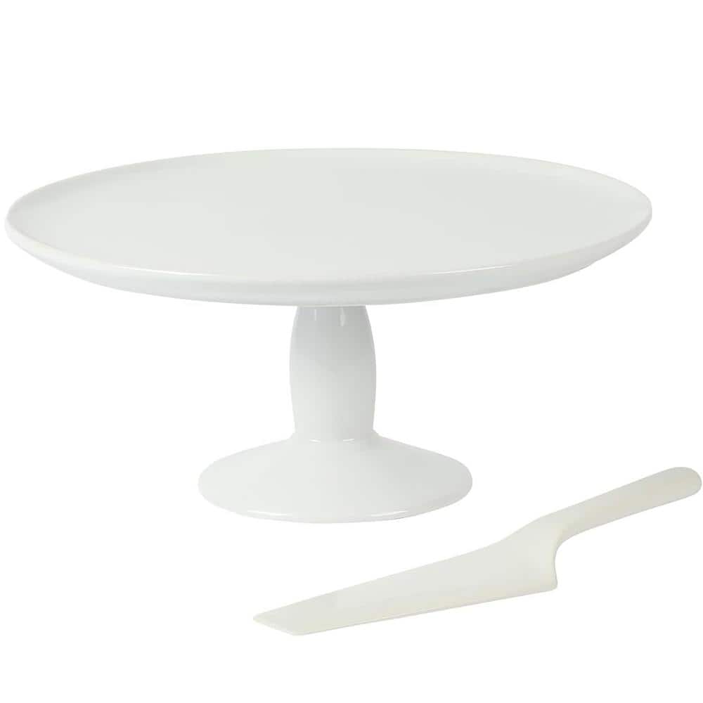12 in. Single Tier White Ceramic Round Cake Stand with Server - Hercitys