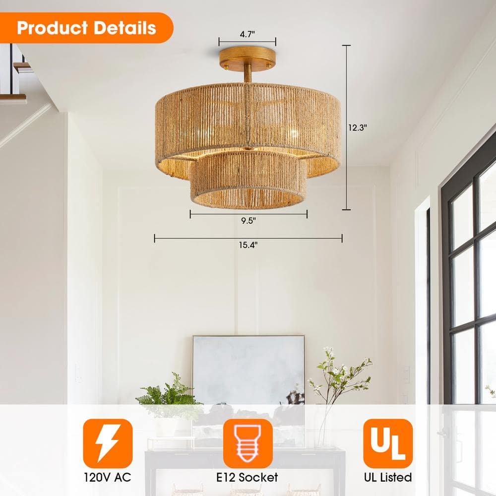15.4 in. 3-Light Bohemian Antique Gold Two-Tier Drum Semi- Flush Mount with Natural Jute Rope Shade - Hercitys