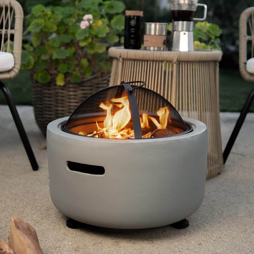 18 in. x 18 in. Round MGO Charcoal Wood Burning Fire Pit Kit with Spark Screen Lid, Poker and Grate - Hercitys
