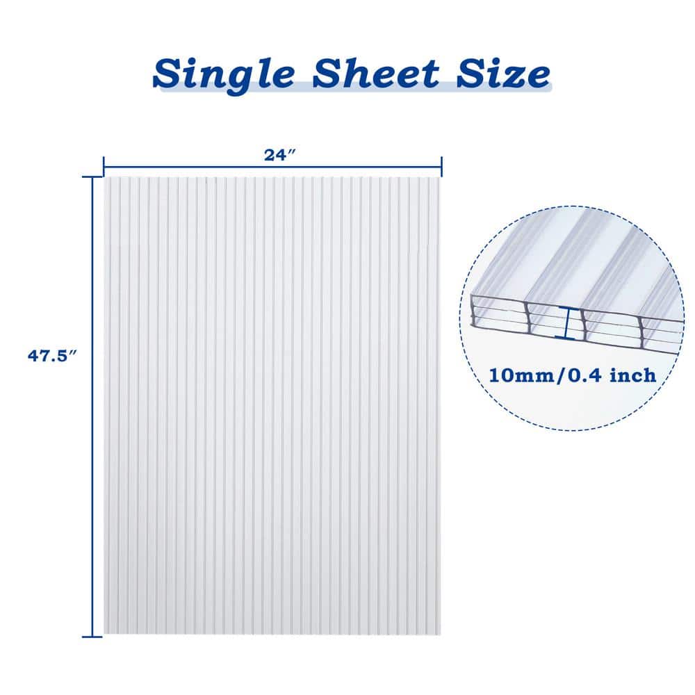 24 in. W x 48 in. D x 25/64 in. (10 mm) Clear Multi-Wall Polycarbonate Sheet Greenhouse Panels (6-Pack) - Hercitys