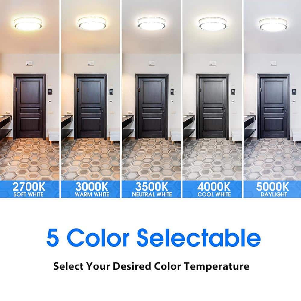 16 in Brushed Nickel Watt Selectable 5CCT LED Flush Mount Round Double Ring Dimmable Ceiling Light (1-Pack) - Hercitys