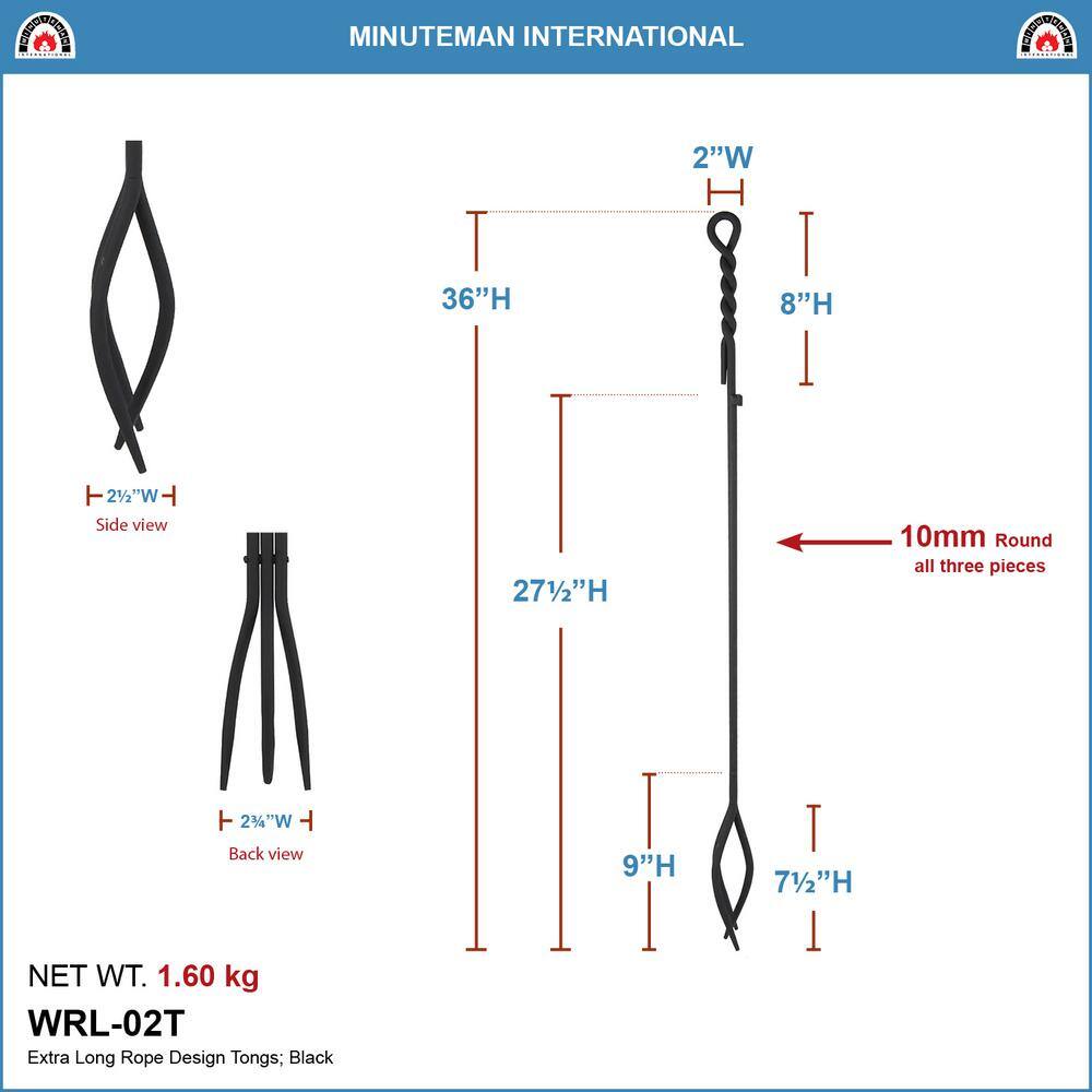 36 in. Tall Black Extra-Long Rope Design Fireplace Tongs - Hercitys