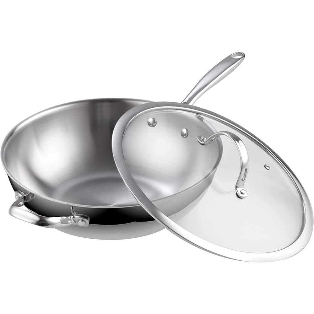 12 in. Multi-Ply Clad Stainless Steel Wok with Lid, Silver, Induction Compatible - Hercitys