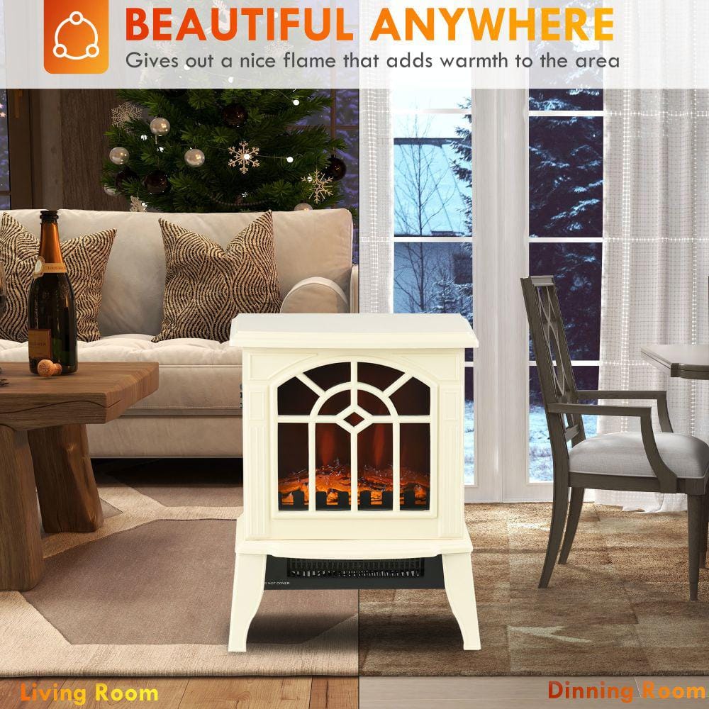 14.25 in. Freestanding Electric Fireplace Stove Electric Fireplace Heater in Cream White with Overheating Protection - Hercitys