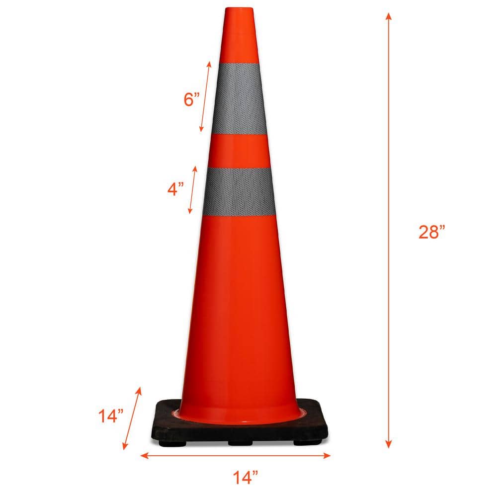 28 in. H Orange PVC Reflective Traffic Safety Cones with Black Base (6-Pack) - Hercitys