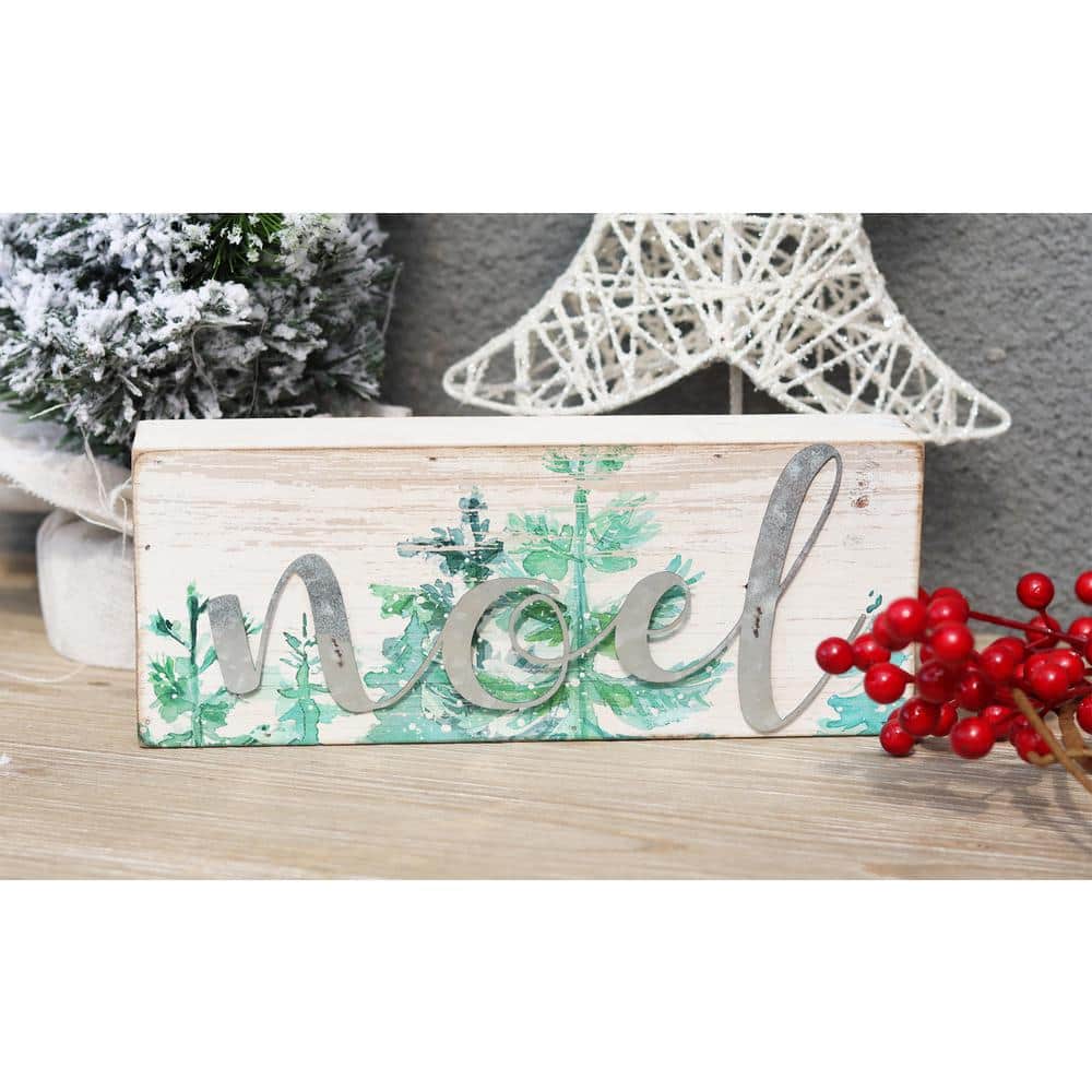 3.5 in. White Green Wood Christmas Tabletop Sign with Galvanized Metal Letters – Noel - Hercitys