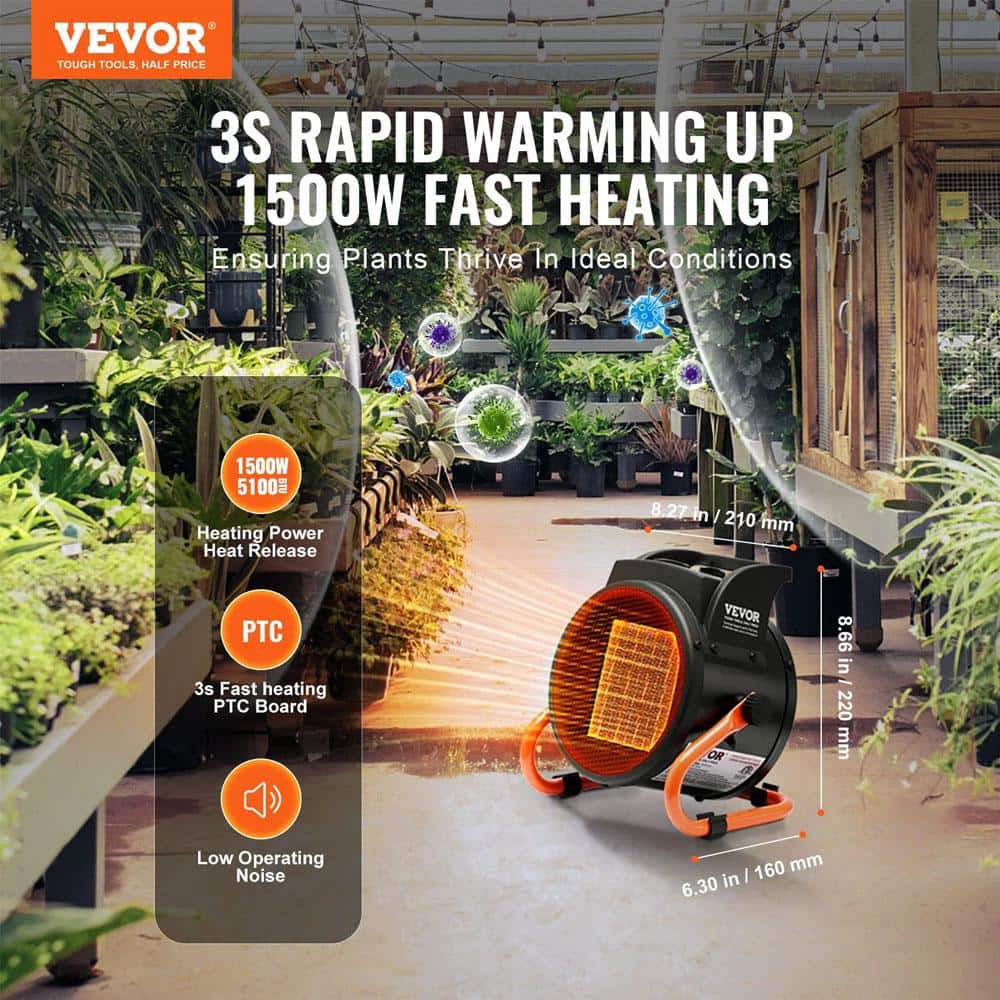 1500Watt Forced Air PTC Fast Heating Portable Greenhouse Heater Fan Electric Furnace with Overheat Protection, 3-Speed - Hercitys