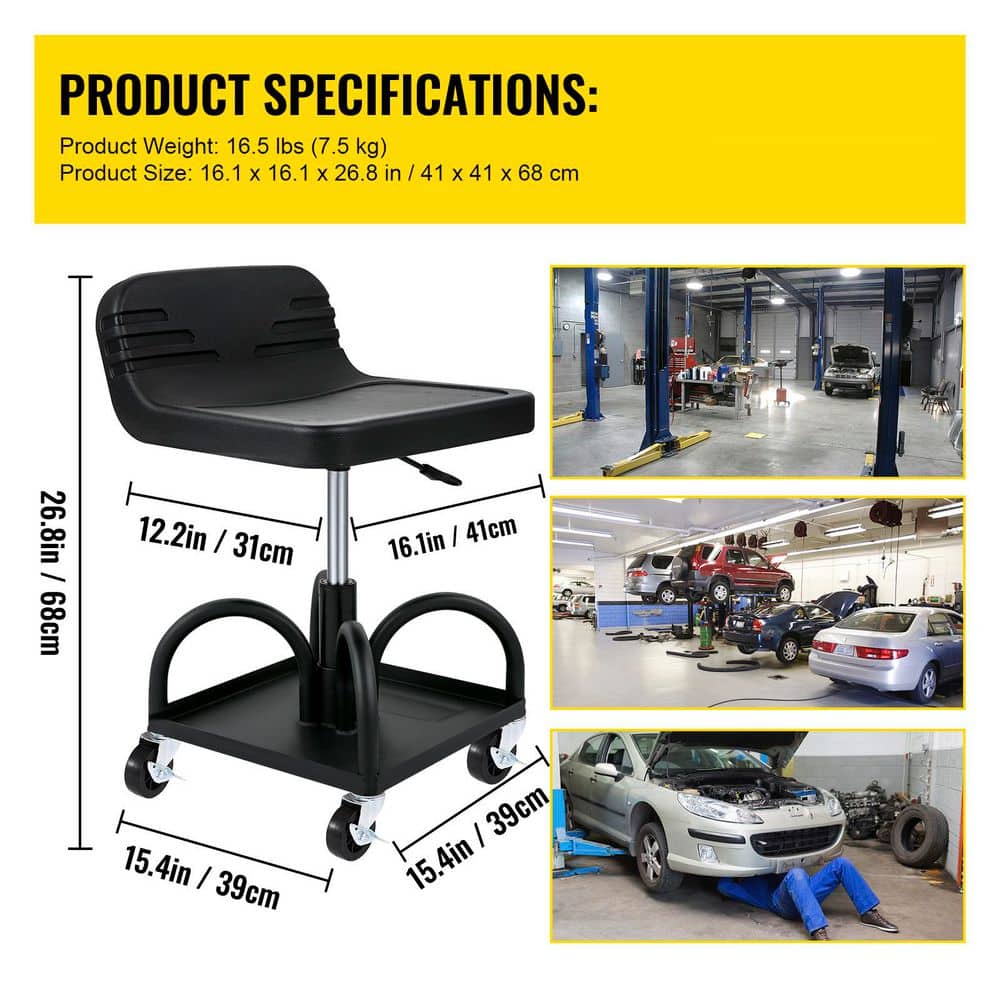 300 lbs. Capacity Rolling Garage Stool, Adjustable Height, Mechanic Seat with Swivel Wheels and Tool Tray, Black - Hercitys