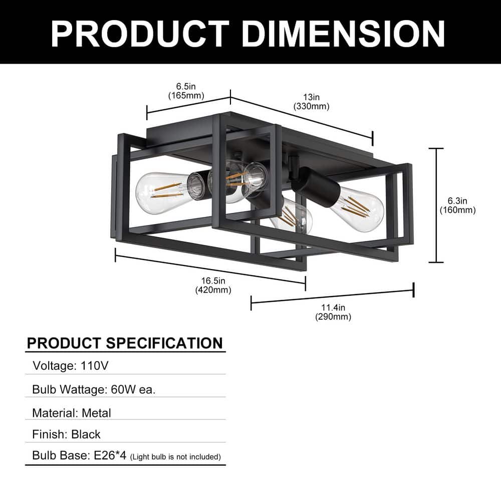 16.5 in. Industrial 4-Light Flush Mount Ceiling Light Fixture, Black Metal Frame with E26 Base No Bulbs Included - Hercitys