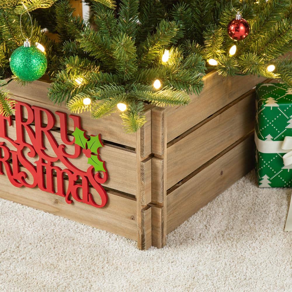 27 in. L Natural Wooden “MERRY CHRISTMAS” Solid Wood Crate Tree Collar - Hercitys