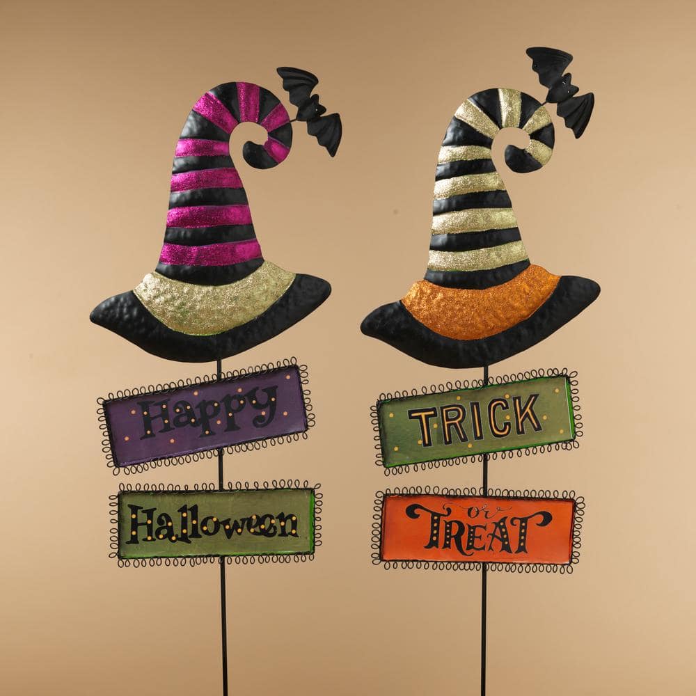 37 in. Metal Witch’s Hats with Halloween Signs Yard Stake (Set of 2) - Hercitys
