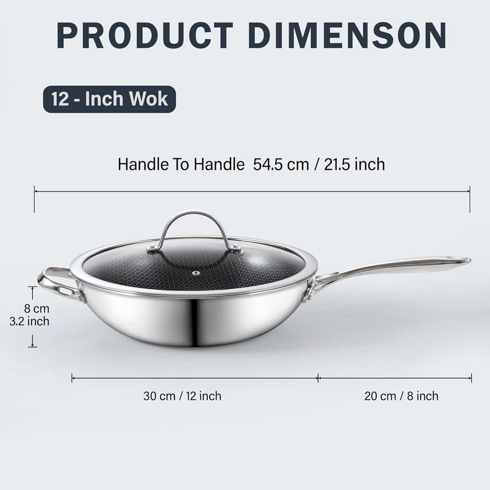 12 in. Multiply Clad Stainless Steel Hybrid Nonstick Flat Bottom Wok with Glass Lid, Compatible with All Stovetops - Hercitys