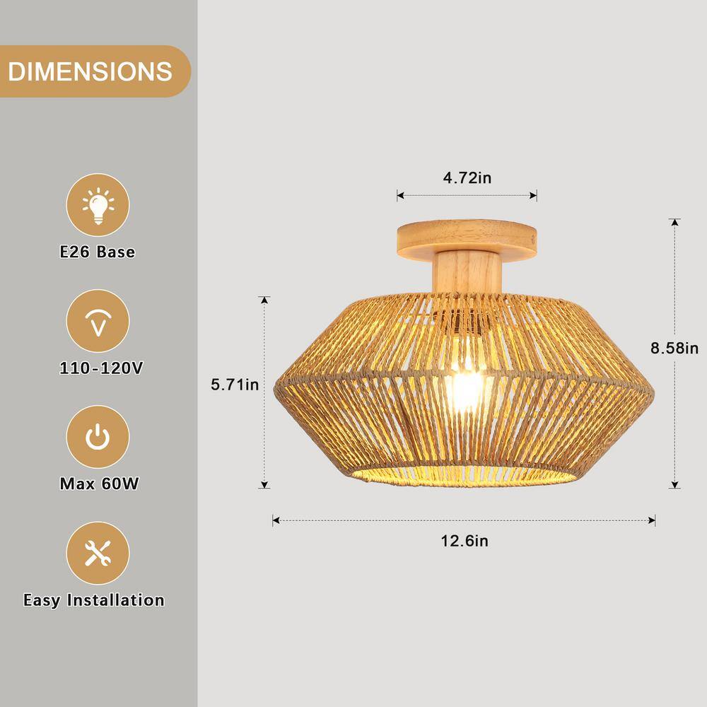 12.6 in. 1-Light Rustic Brown Wooden Semi-Flush Mount Light with Imitation Hemp Rope Shade and No Bulbs Included - Hercitys