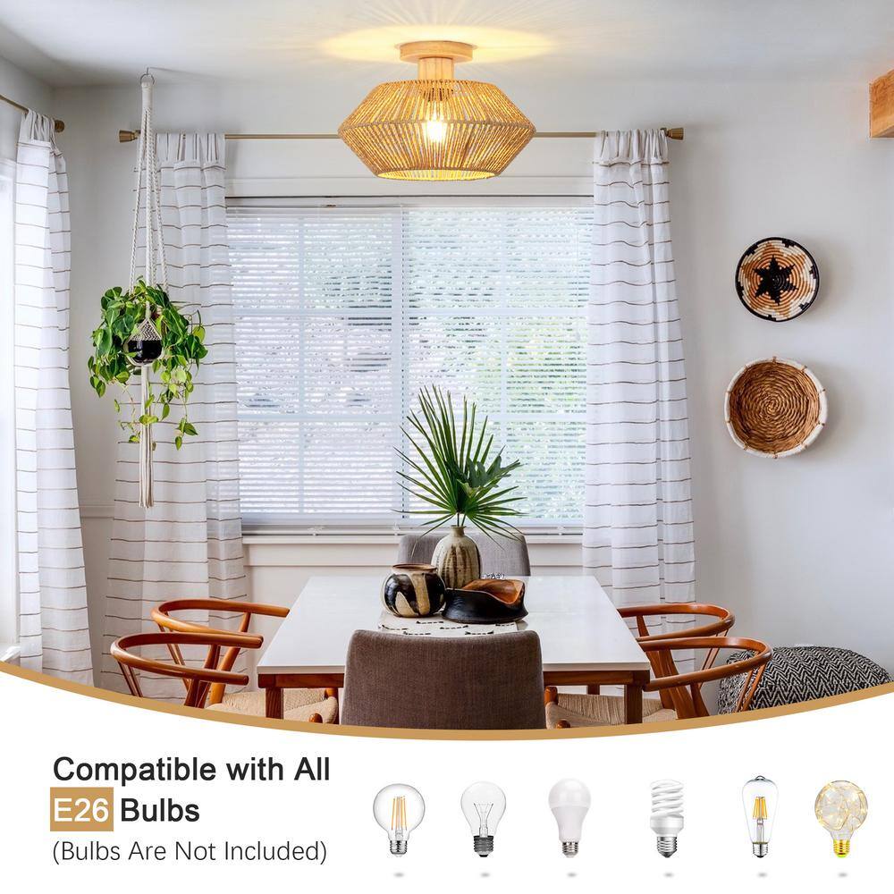 12.6 in. 1-Light Rustic Brown Wooden Semi-Flush Mount Light with Imitation Hemp Rope Shade and No Bulbs Included - Hercitys