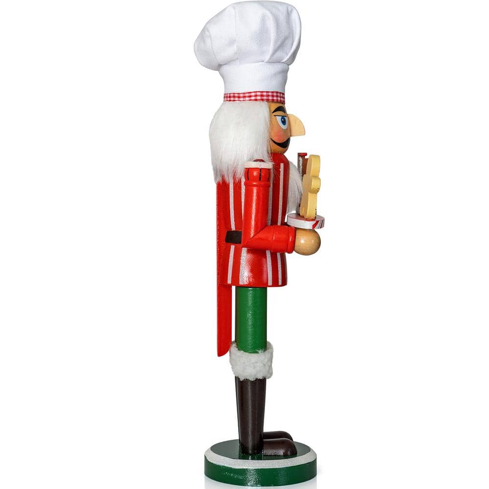 15 in. Wooden Christmas Chef Nutcracker Figure-Chef Hat Nutcracker with Gingerbread Man and House Holiday Decoration - Hercitys