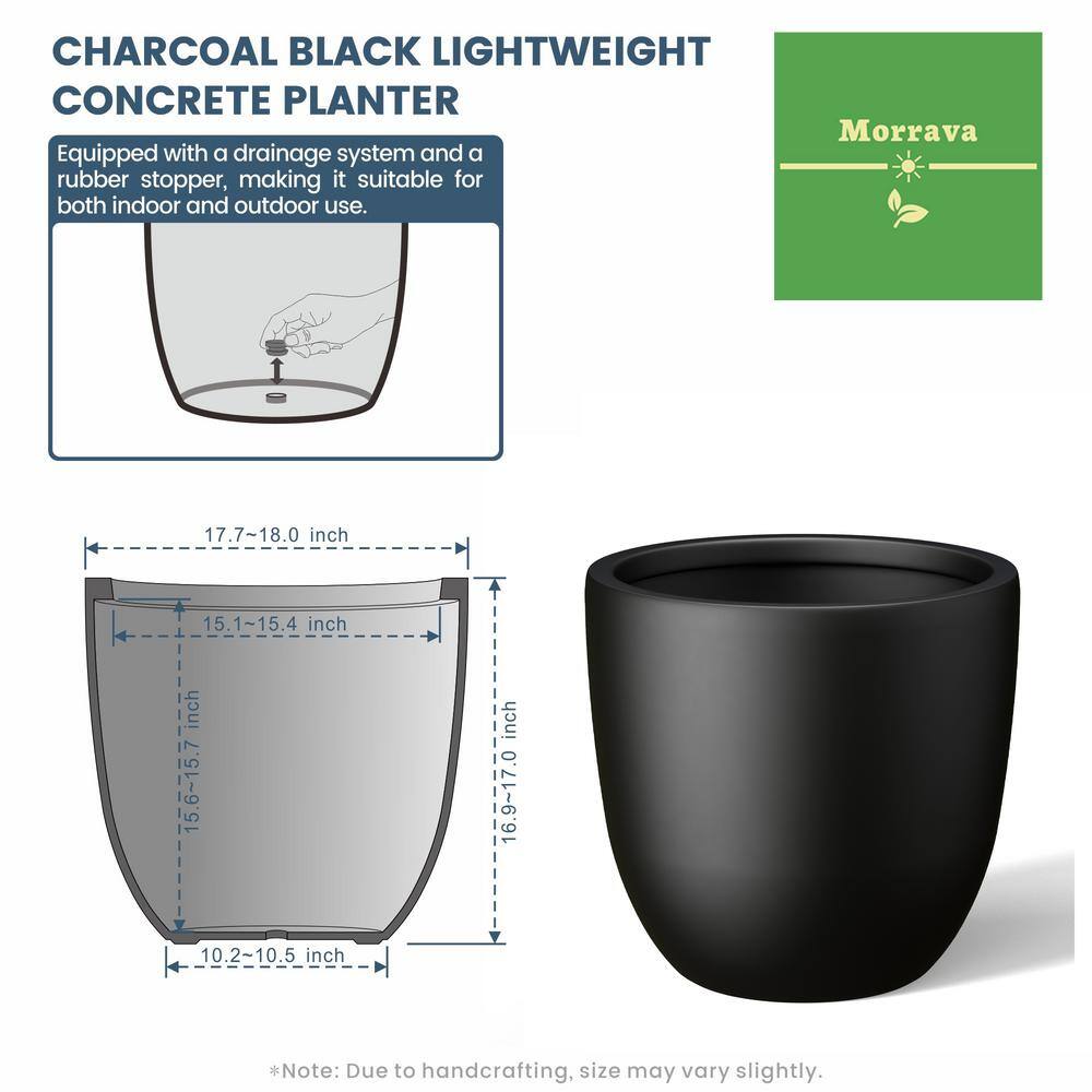 18 in. Large Charcoal Black Concrete Round Planter / Pot with Drainage Holes - Hercitys