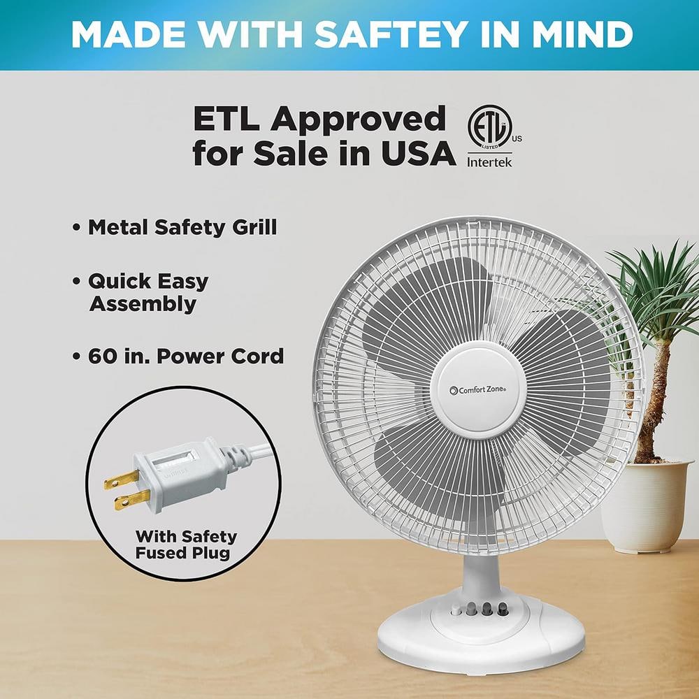 17 in. 3 Speed Oscillating Table Fan with Adjustable Tilt, Convenient Push Button Controls, White - Hercitys