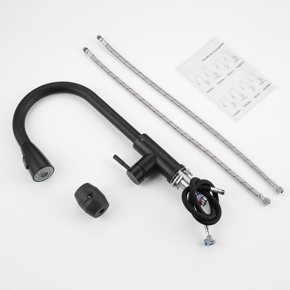 15.67 in Single Handle 360° Spout Swivel Pull Out Sprayer Kitchen Faucet in Stainless Steel in Matte Black - Hercitys