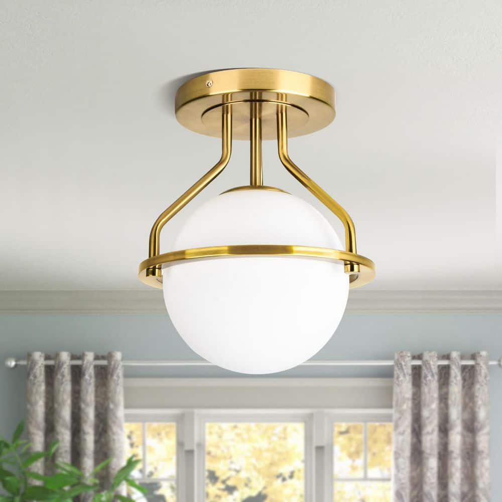 10 in. 1-Light Gold Semi-Flush Mount Ceiling Light Fixture with Milky Glass Globe Shade - Hercitys