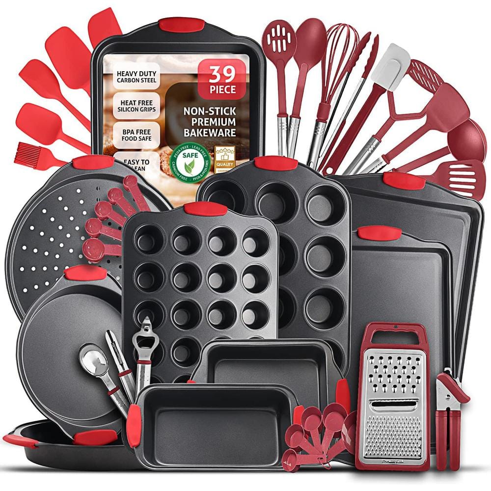 39-Piece Nonstick Black Steel Bakeware Set with Red Utensil and Silicone Handles - Hercitys