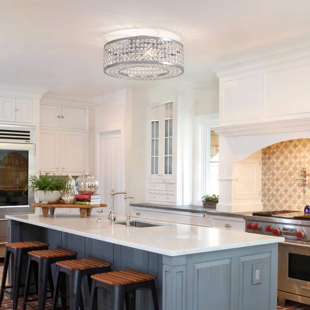 20 in. Indoor Modern Chrome Low Profile Ceiling Fan with Lights and Remote Small Caged Ceiling Fan with Clear Crystal - Hercitys