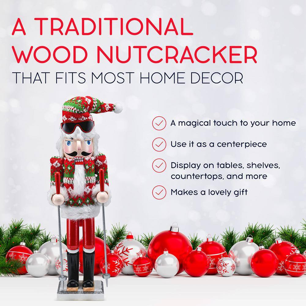 15 in. Wooden Christmas Skier Man Nutcracker -Red and Green Nutcracker Guy with Ugly Sweater and Skis in Skiing Pose - Hercitys