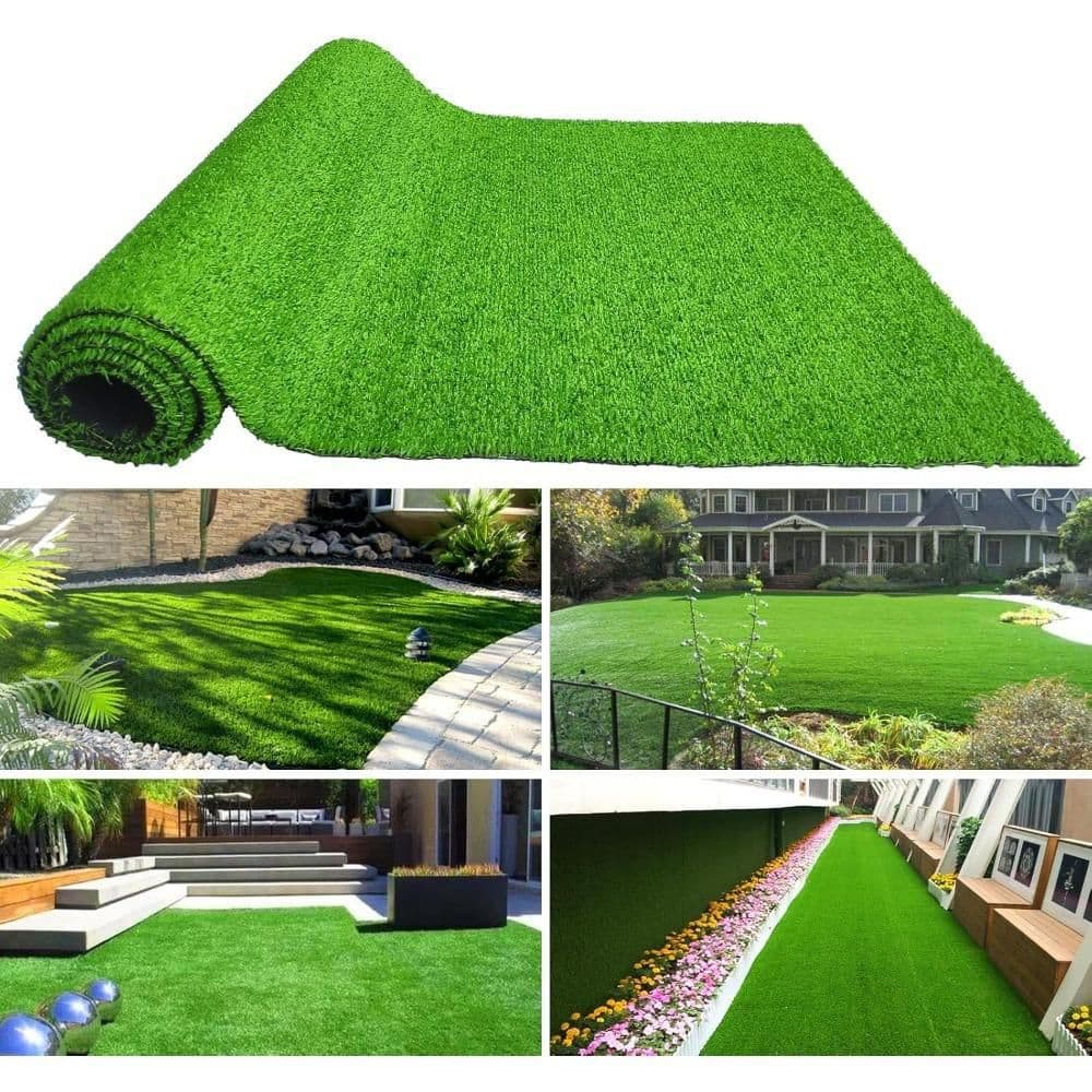 5 ft. x 10 ft. Plastic Garden Fence Turf Mat Thick Fake Faux Grass with Rubber Backing and Drainage Holes in Green - Hercitys