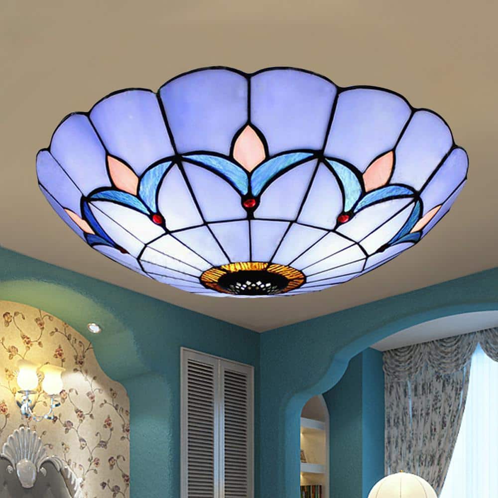 11.81 in. 2-Light Blue Modern Mediterranean Flush Mount Ceiling Light with Stained Glass Shade, No Bulbs Included - Hercitys