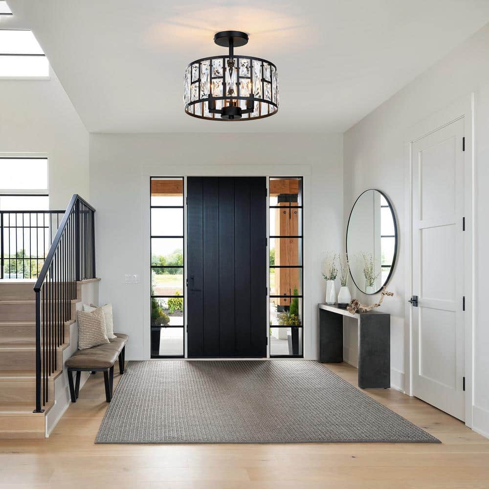 12 in. 3-Light Round Modern Black Drum Semi Flush Mount Ceiling Light with Clear Crystal Glass - Hercitys