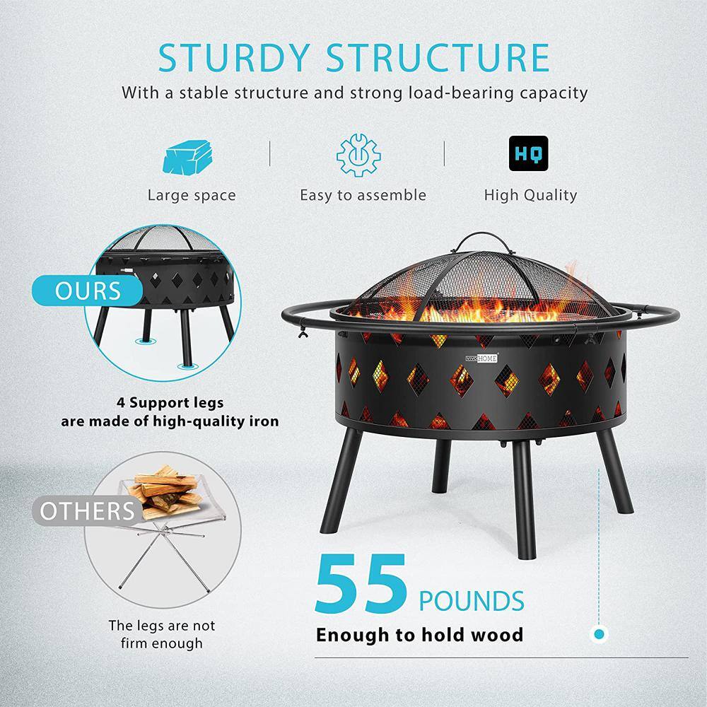 37.8 in. x 21.4 in. Round Iron Wood Fire Pit with Spark Screen, Round Grill Grid, Poker and Fireplace Cover (6-Piece) - Hercitys