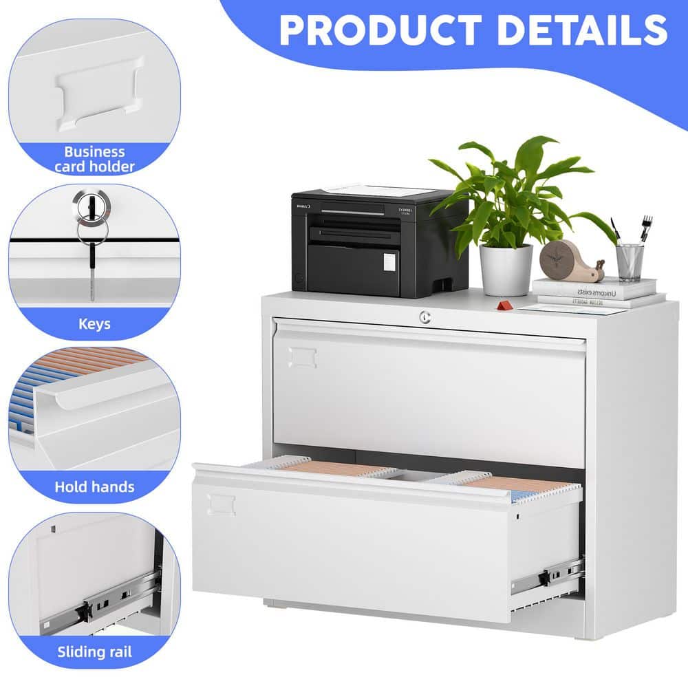34.5 in. W x 29.5 in. H x 16 in. D 2-Drawer Metal Lateral File Storage Freestanding Cabinet in White - Hercitys