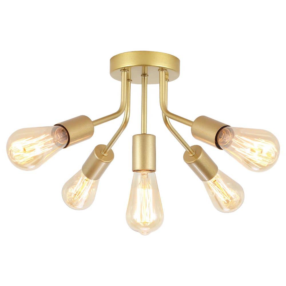 14.76 in. 5-Light Gold Modern Sputnik Linear Semi-Flush Mount Ceiling Light Chandeliers for Bedrooms - Hercitys